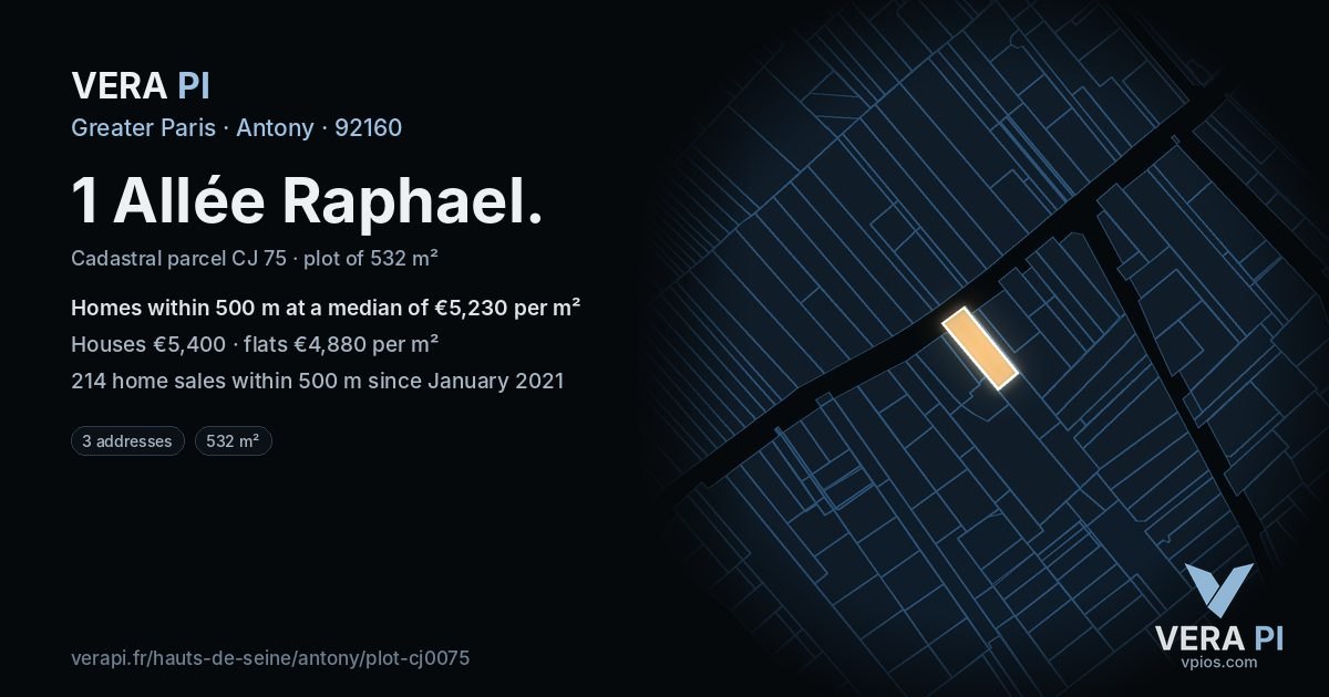 1 Allée Raphael, Antony at night – the plot lit, the parcels around coloured by the prices near them