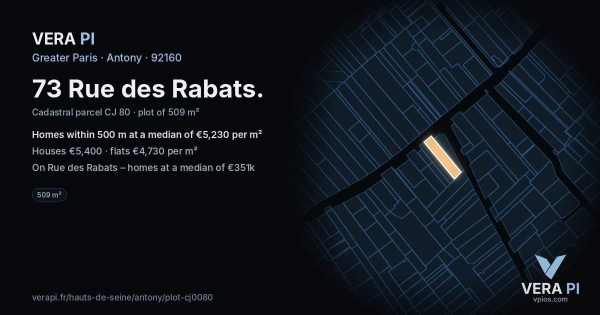 73 Rue des Rabats, Antony at night – the plot lit, the parcels around coloured by the prices near them