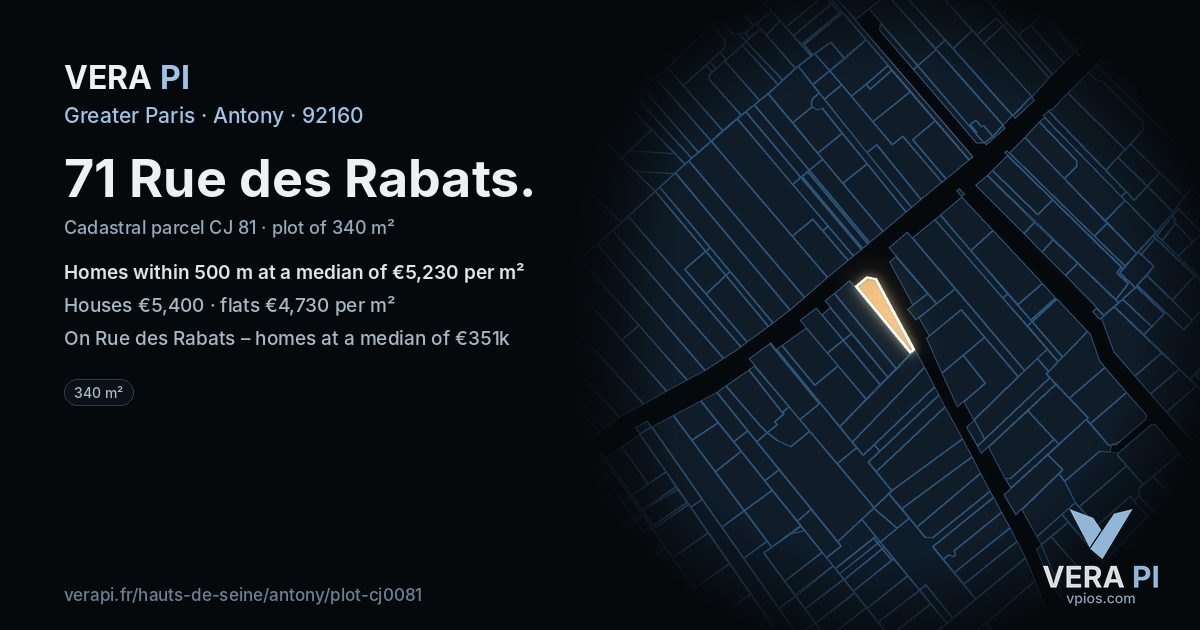 71 Rue des Rabats, Antony at night – the plot lit, the parcels around coloured by the prices near them