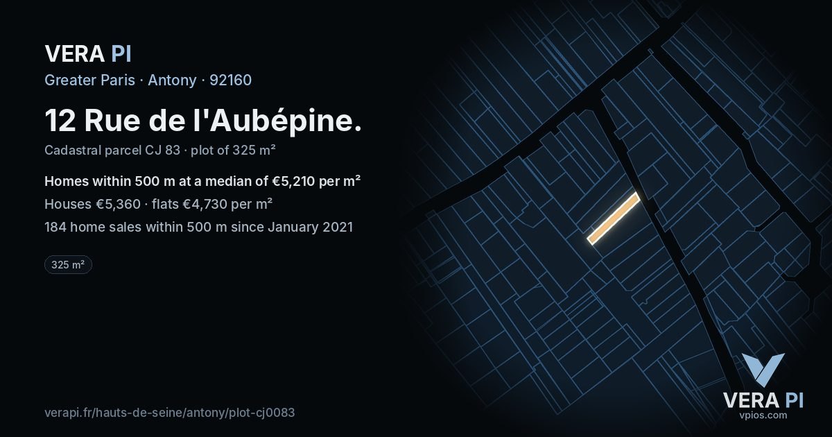 12 Rue de l'Aubépine, Antony at night – the plot lit, the parcels around coloured by the prices near them