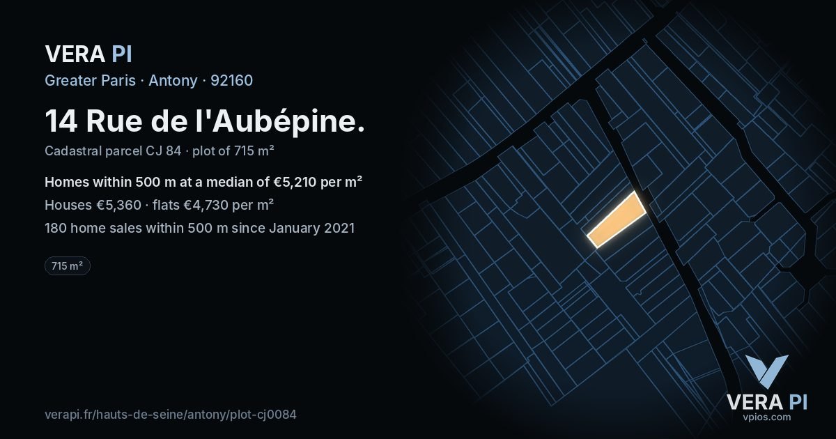 14 Rue de l'Aubépine, Antony at night – the plot lit, the parcels around coloured by the prices near them