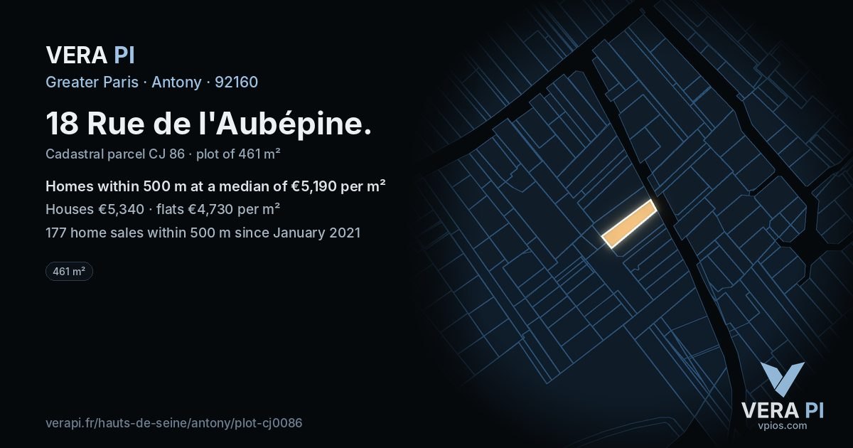 18 Rue de l'Aubépine, Antony at night – the plot lit, the parcels around coloured by the prices near them