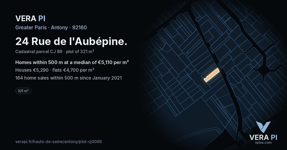 24 Rue de l'Aubépine, Antony at night – the plot lit, the parcels around coloured by the prices near them