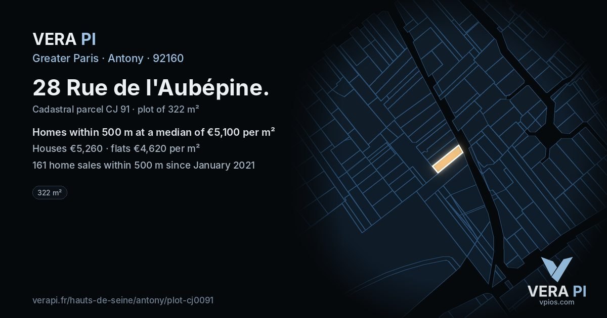 28 Rue de l'Aubépine, Antony at night – the plot lit, the parcels around coloured by the prices near them