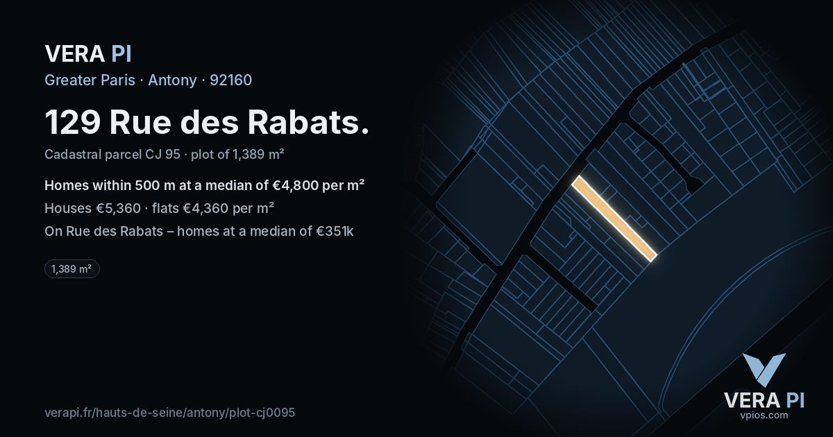 129 Rue des Rabats, Antony at night – the plot lit, the parcels around coloured by the prices near them