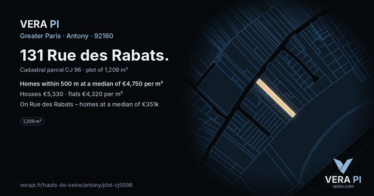 131 Rue des Rabats, Antony at night – the plot lit, the parcels around coloured by the prices near them