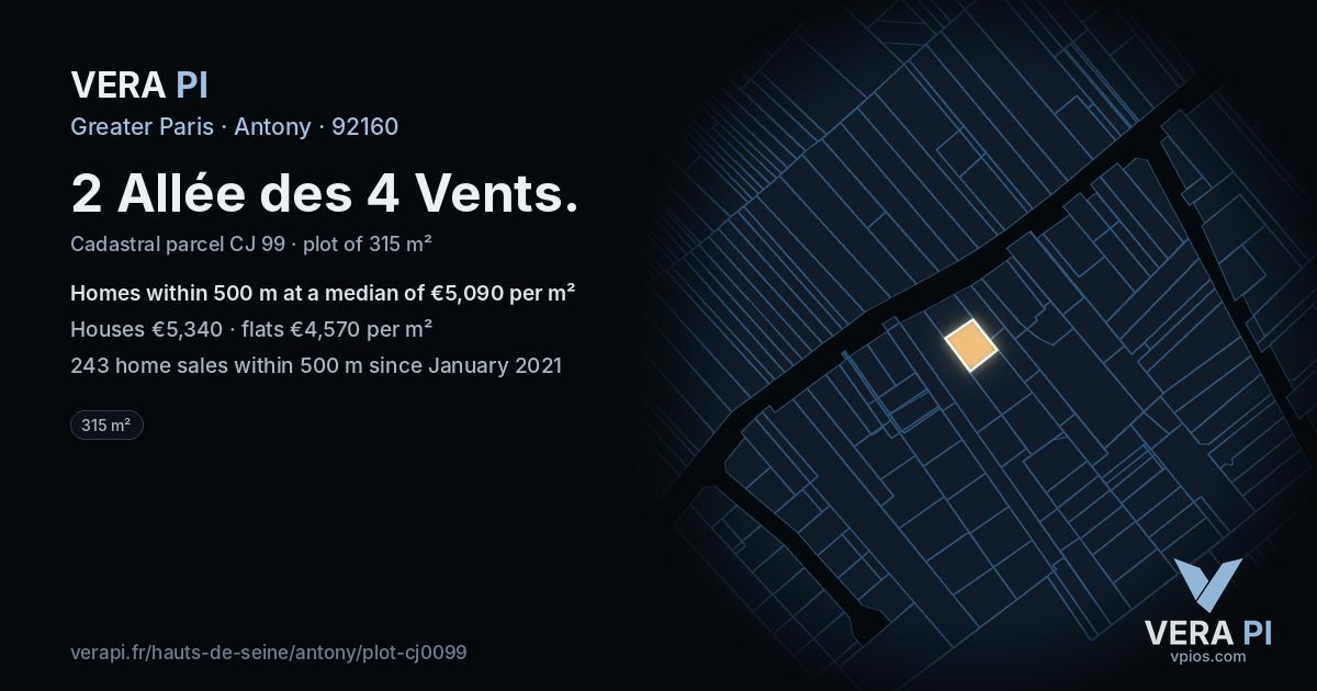 2 Allée des 4 Vents, Antony at night – the plot lit, the parcels around coloured by the prices near them