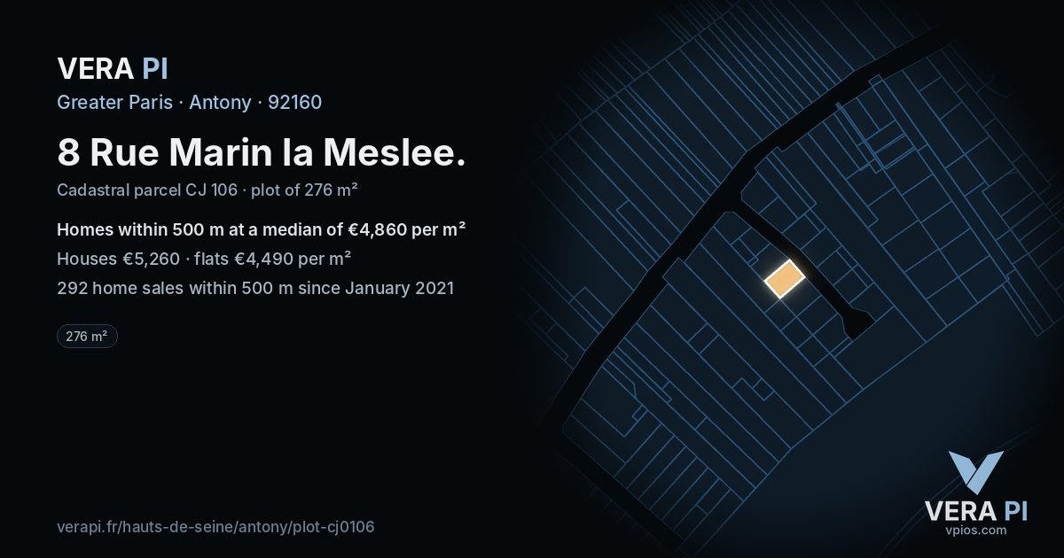 8 Rue Marin la Meslee, Antony at night – the plot lit, the parcels around coloured by the prices near them