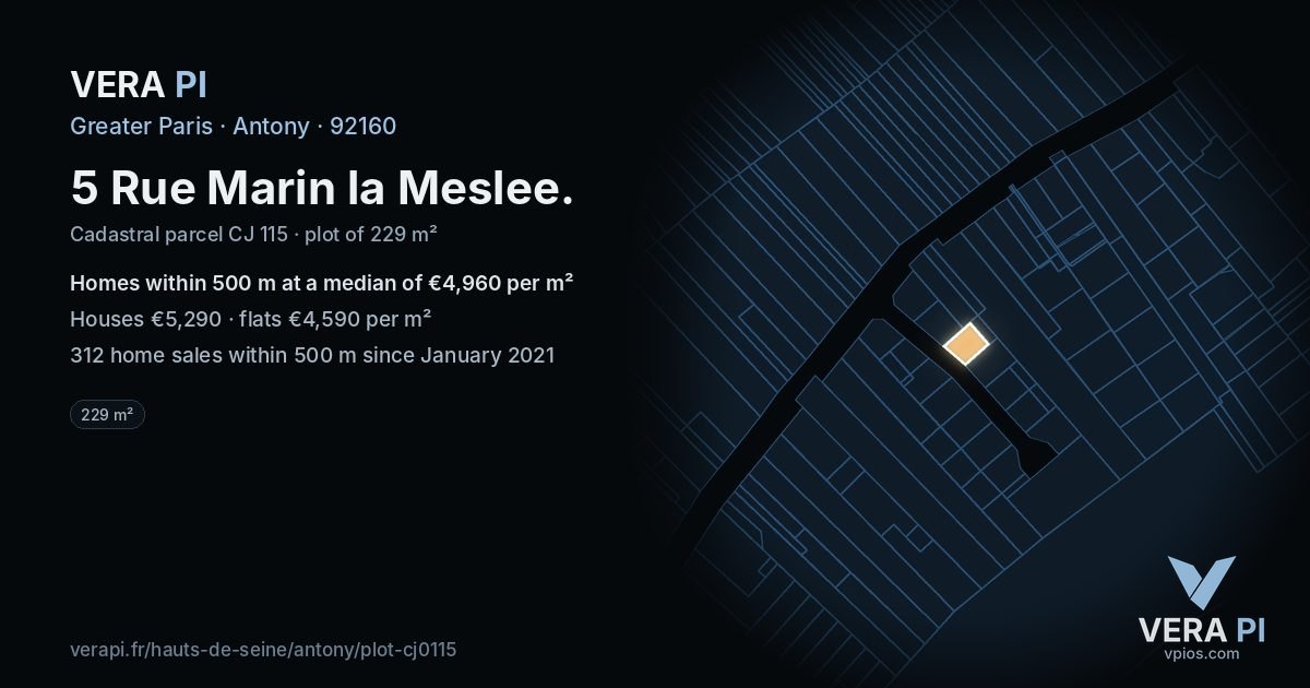 5 Rue Marin la Meslee, Antony at night – the plot lit, the parcels around coloured by the prices near them
