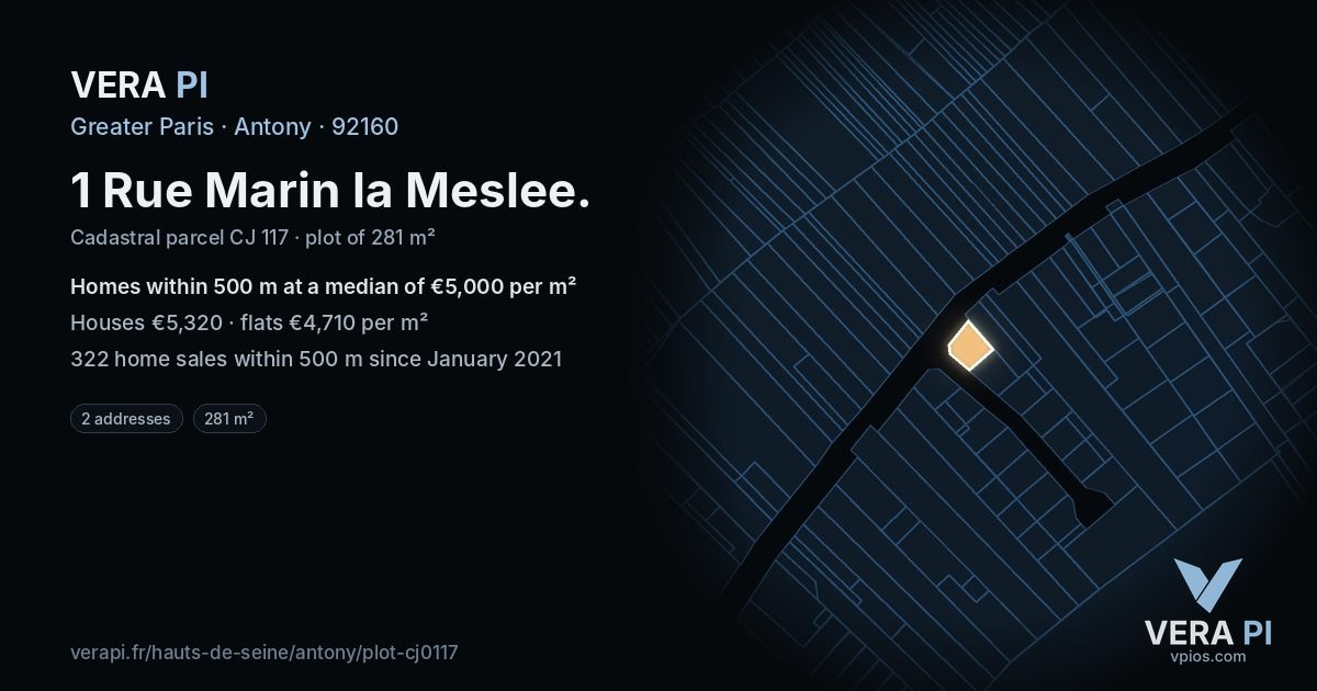 1 Rue Marin la Meslee, Antony at night – the plot lit, the parcels around coloured by the prices near them