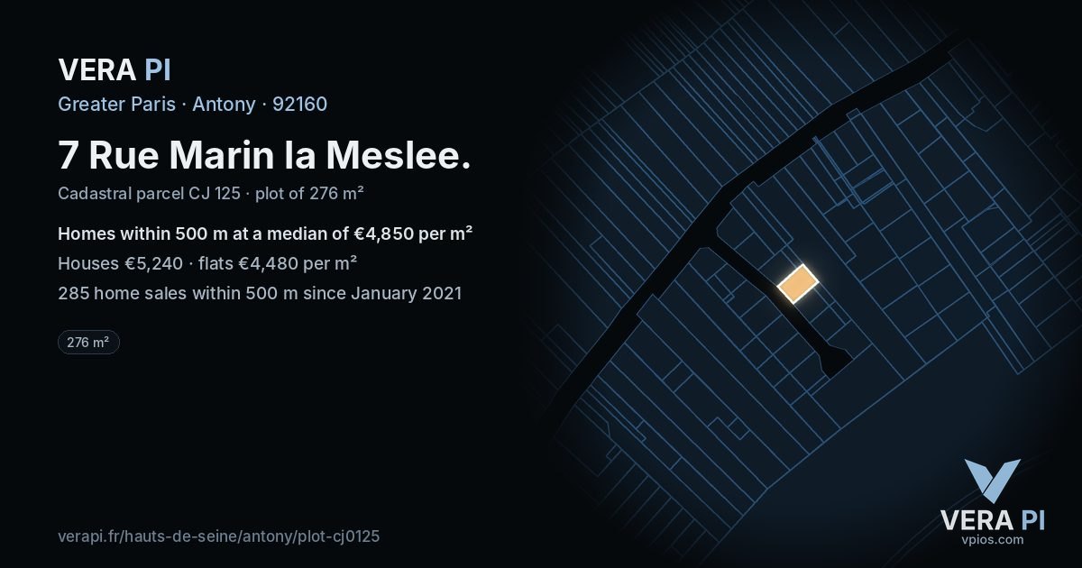 7 Rue Marin la Meslee, Antony at night – the plot lit, the parcels around coloured by the prices near them