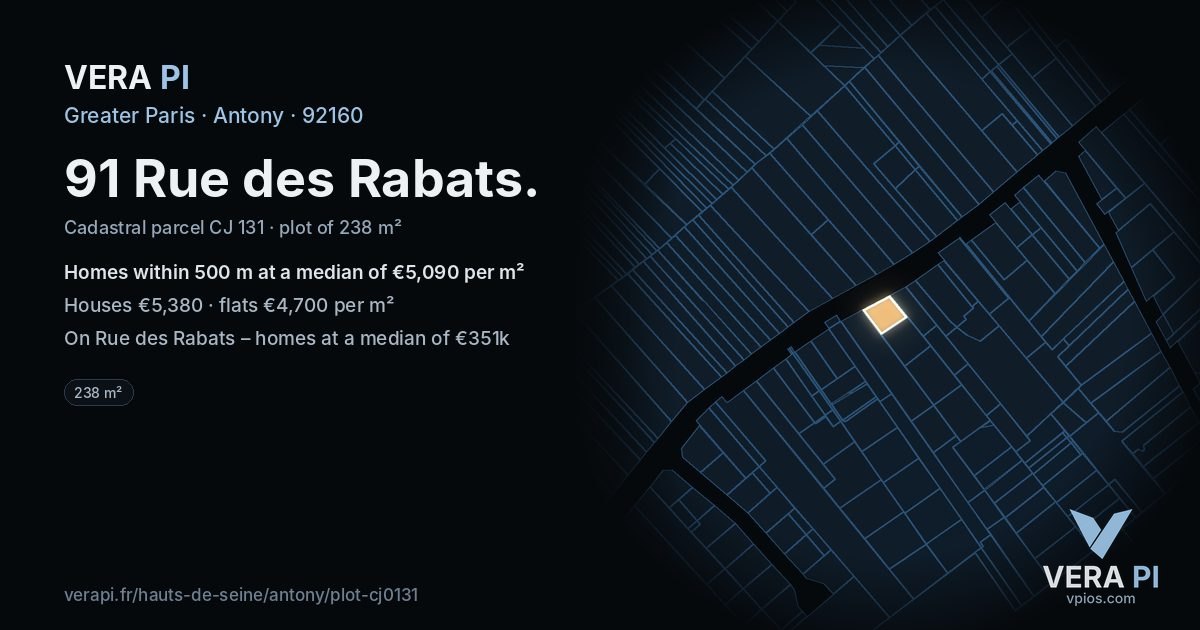 91 Rue des Rabats, Antony at night – the plot lit, the parcels around coloured by the prices near them