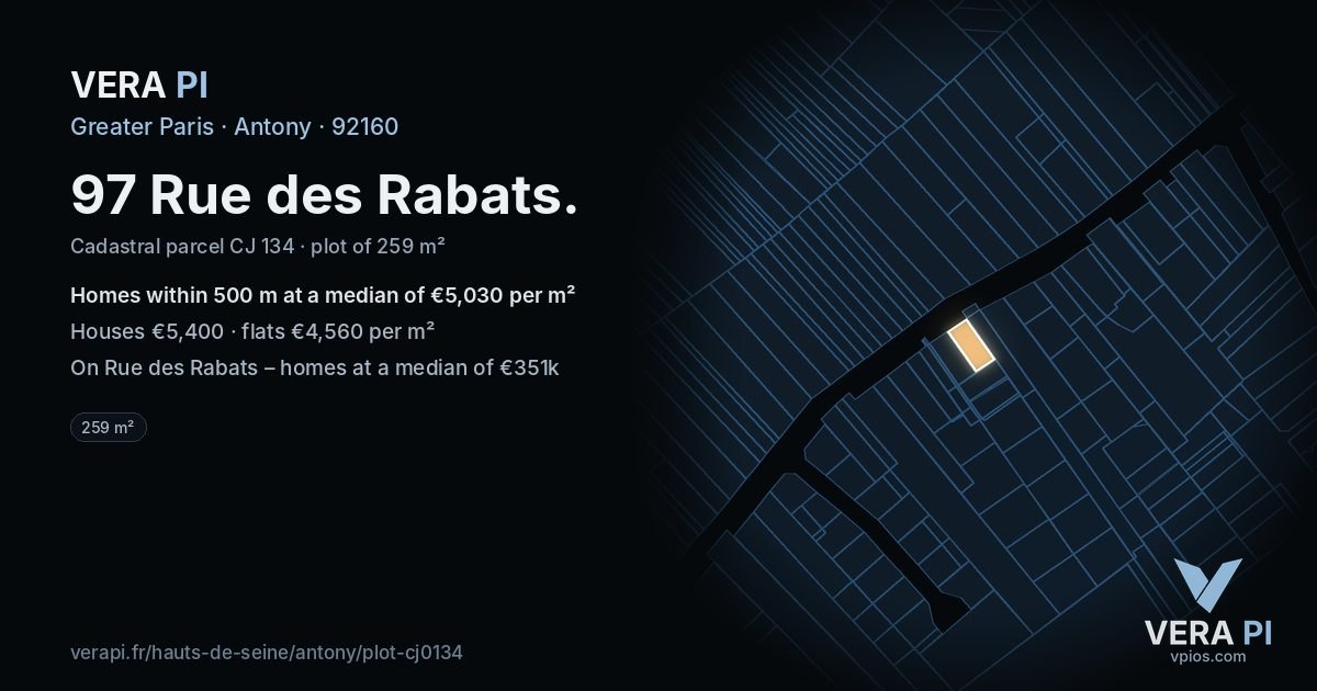 97 Rue des Rabats, Antony at night – the plot lit, the parcels around coloured by the prices near them