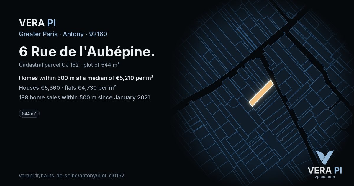 6 Rue de l'Aubépine, Antony at night – the plot lit, the parcels around coloured by the prices near them