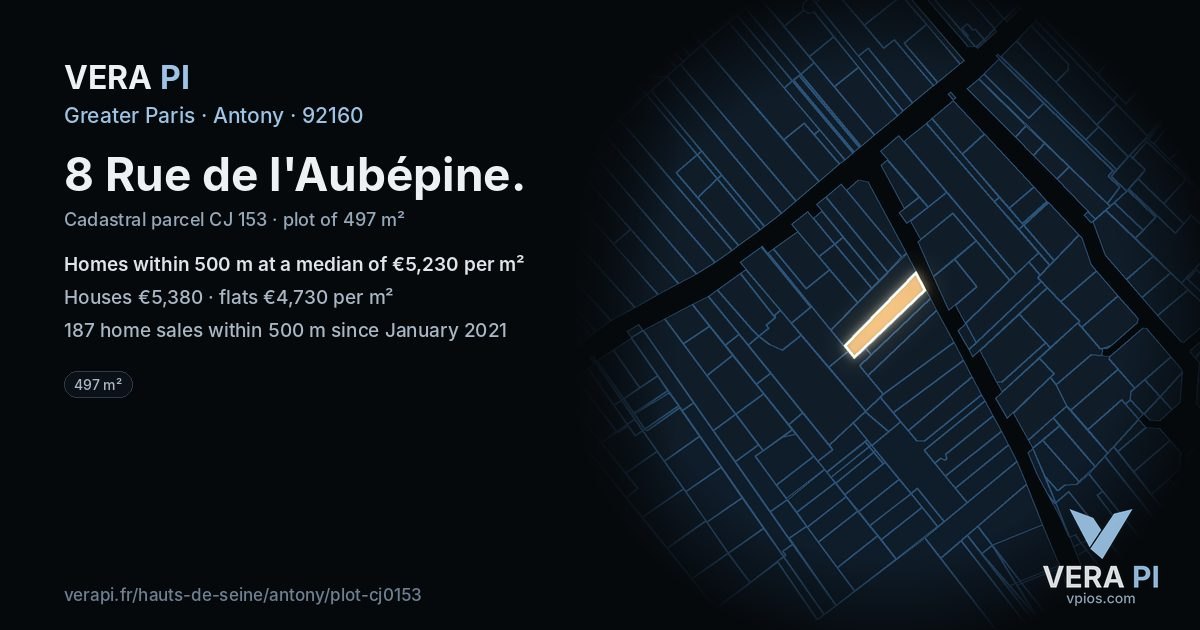 8 Rue de l'Aubépine, Antony at night – the plot lit, the parcels around coloured by the prices near them