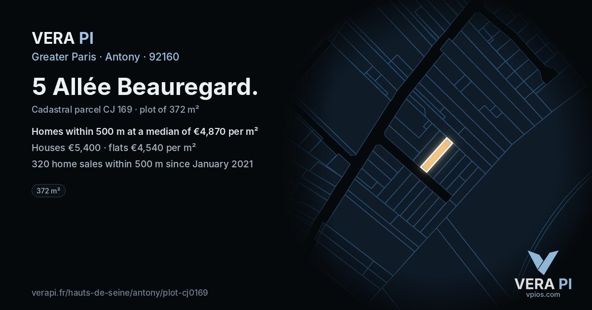 5 Allée Beauregard, Antony at night – the plot lit, the parcels around coloured by the prices near them