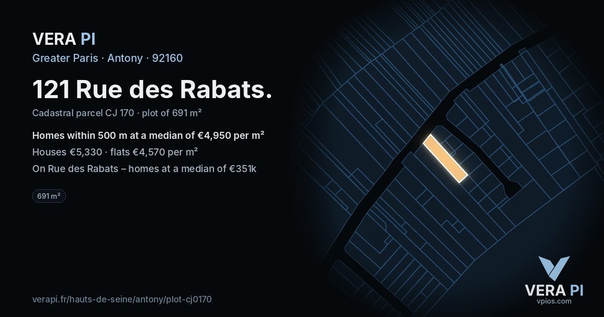 121 Rue des Rabats, Antony at night – the plot lit, the parcels around coloured by the prices near them