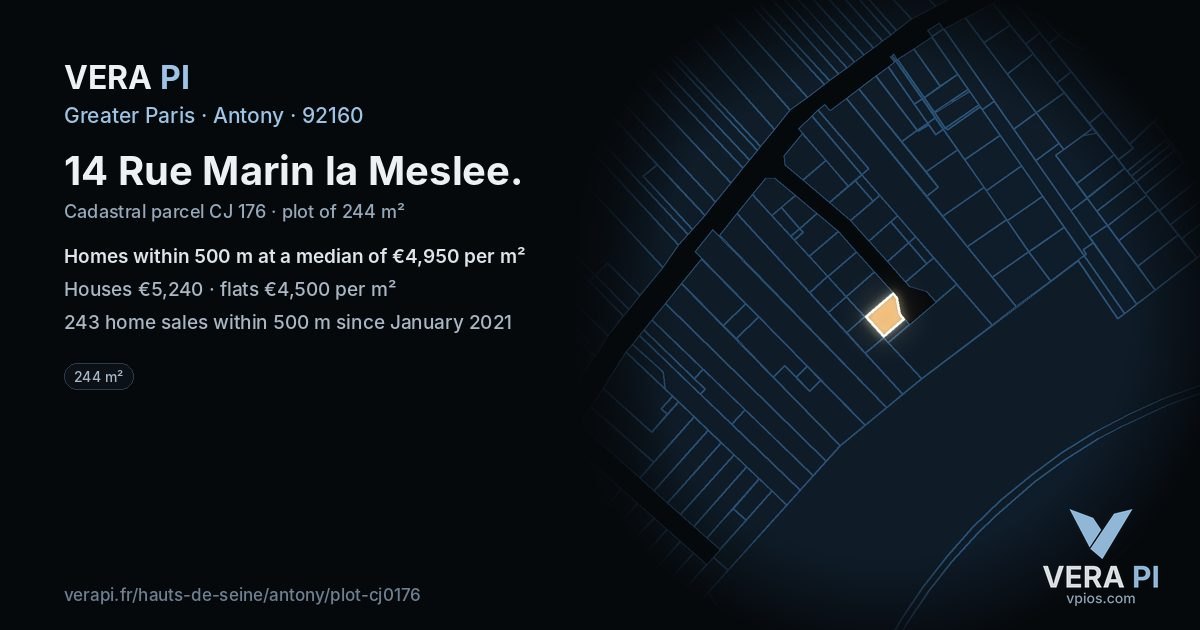 14 Rue Marin la Meslee, Antony at night – the plot lit, the parcels around coloured by the prices near them