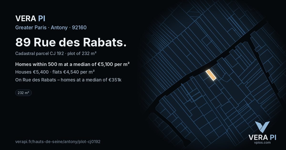 89 Rue des Rabats, Antony at night – the plot lit, the parcels around coloured by the prices near them