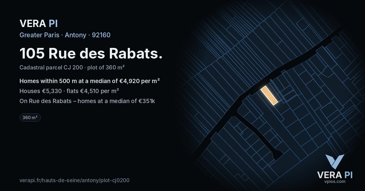 105 Rue des Rabats, Antony at night – the plot lit, the parcels around coloured by the prices near them