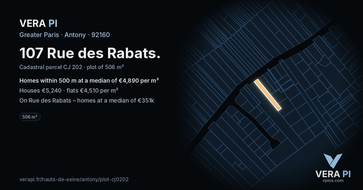 107 Rue des Rabats, Antony at night – the plot lit, the parcels around coloured by the prices near them