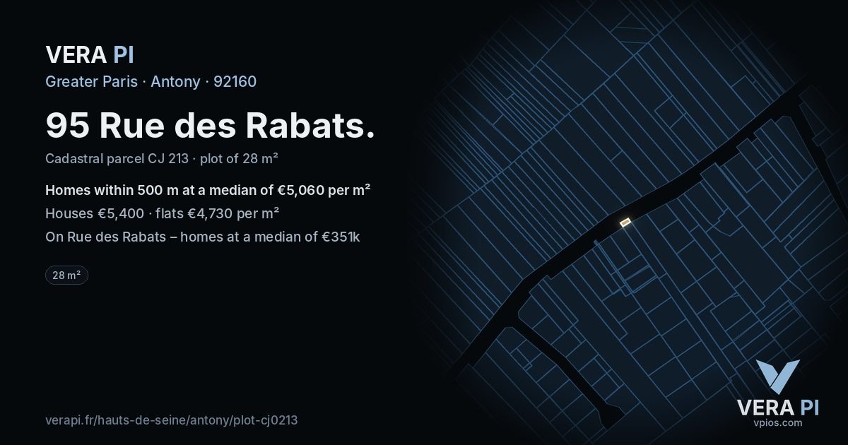 95 Rue des Rabats, Antony at night – the plot lit, the parcels around coloured by the prices near them