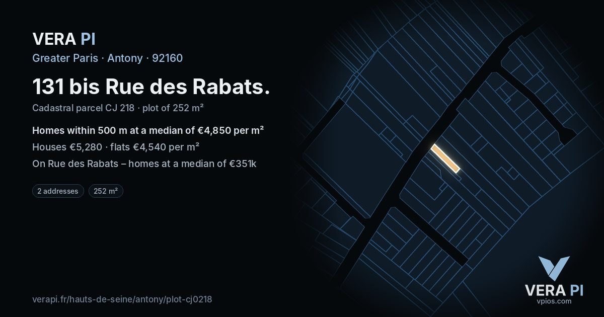 131 bis Rue des Rabats, Antony at night – the plot lit, the parcels around coloured by the prices near them