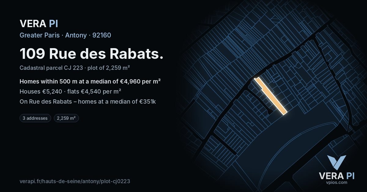 109 Rue des Rabats, Antony at night – the plot lit, the parcels around coloured by the prices near them