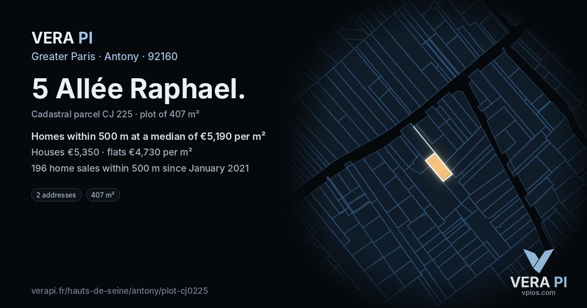 5 Allée Raphael, Antony at night – the plot lit, the parcels around coloured by the prices near them