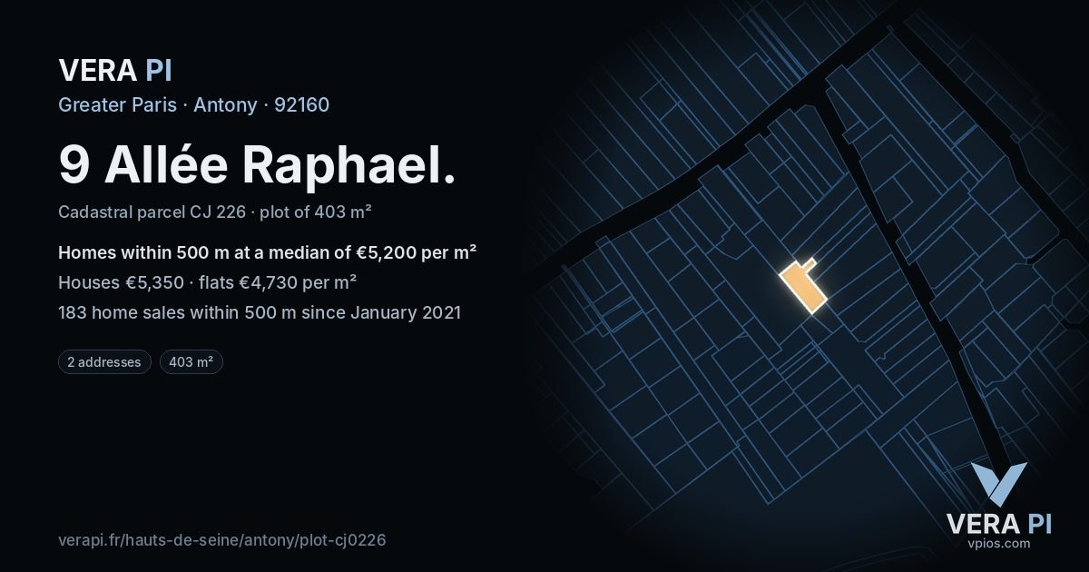 9 Allée Raphael, Antony at night – the plot lit, the parcels around coloured by the prices near them