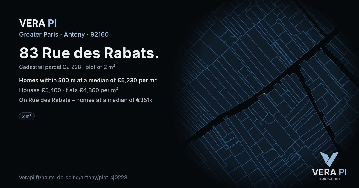 83 Rue des Rabats, Antony at night – the plot lit, the parcels around coloured by the prices near them