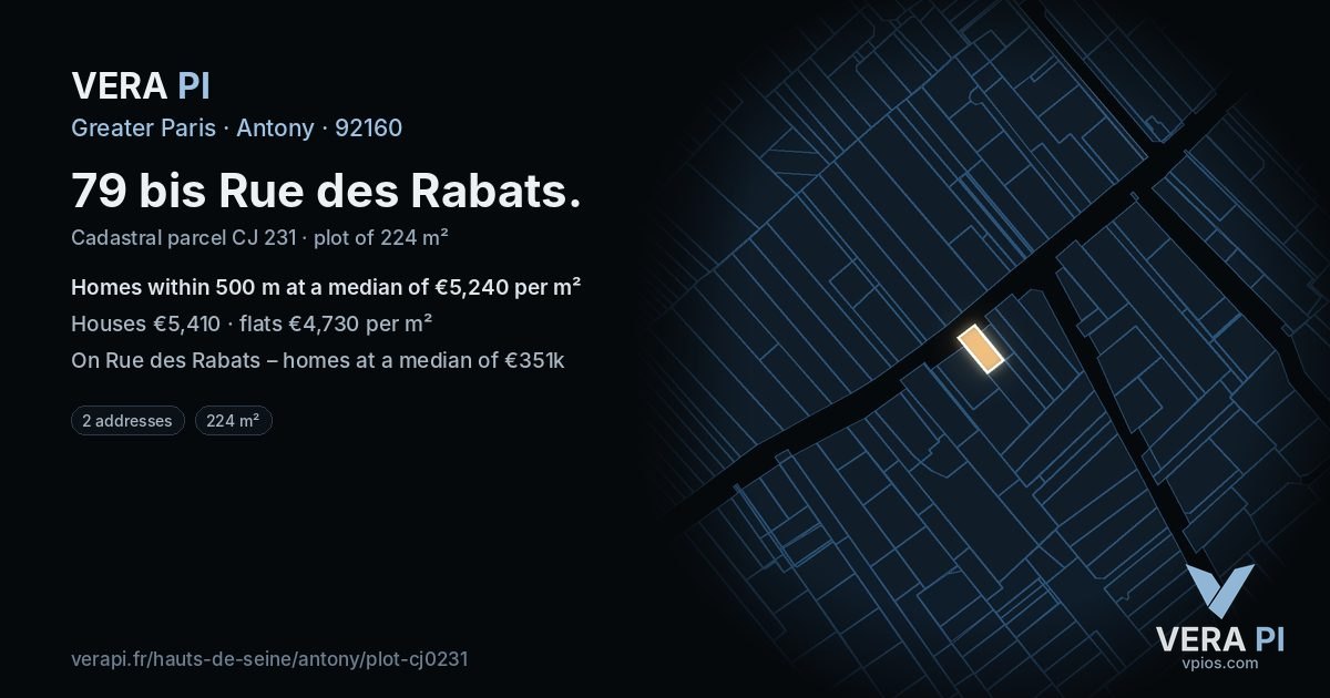 79 bis Rue des Rabats, Antony at night – the plot lit, the parcels around coloured by the prices near them
