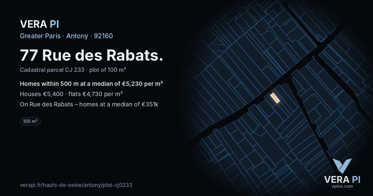 77 Rue des Rabats, Antony at night – the plot lit, the parcels around coloured by the prices near them