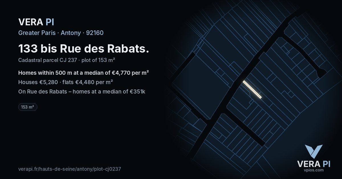 133 bis Rue des Rabats, Antony at night – the plot lit, the parcels around coloured by the prices near them