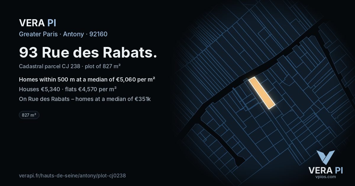 93 Rue des Rabats, Antony at night – the plot lit, the parcels around coloured by the prices near them