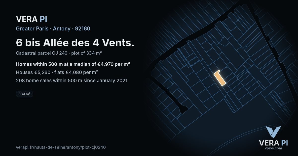 6 bis Allée des 4 Vents, Antony at night – the plot lit, the parcels around coloured by the prices near them