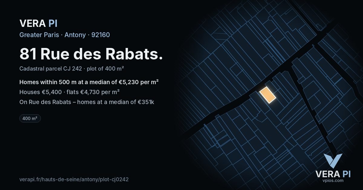 81 Rue des Rabats, Antony at night – the plot lit, the parcels around coloured by the prices near them