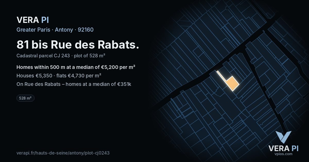 81 bis Rue des Rabats, Antony at night – the plot lit, the parcels around coloured by the prices near them
