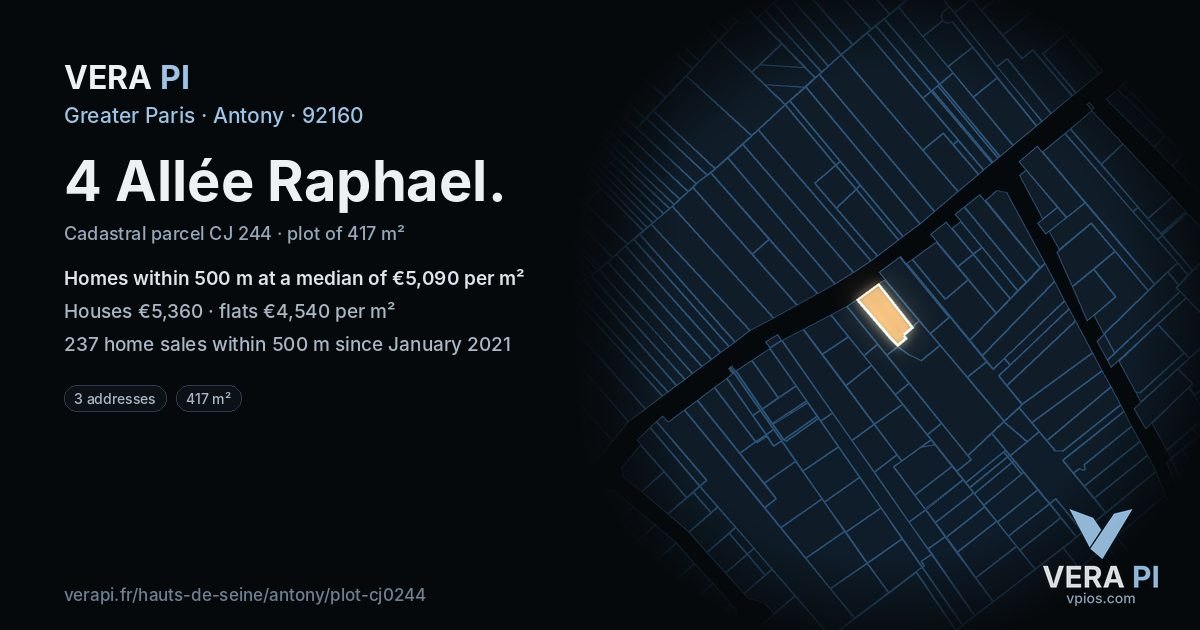 4 Allée Raphael, Antony at night – the plot lit, the parcels around coloured by the prices near them