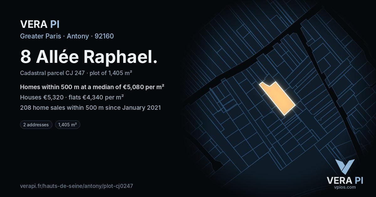 8 Allée Raphael, Antony at night – the plot lit, the parcels around coloured by the prices near them