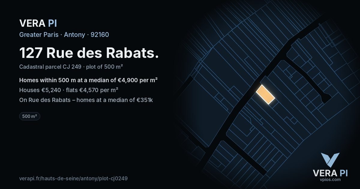 127 Rue des Rabats, Antony at night – the plot lit, the parcels around coloured by the prices near them
