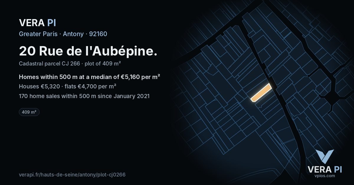20 Rue de l'Aubépine, Antony at night – the plot lit, the parcels around coloured by the prices near them