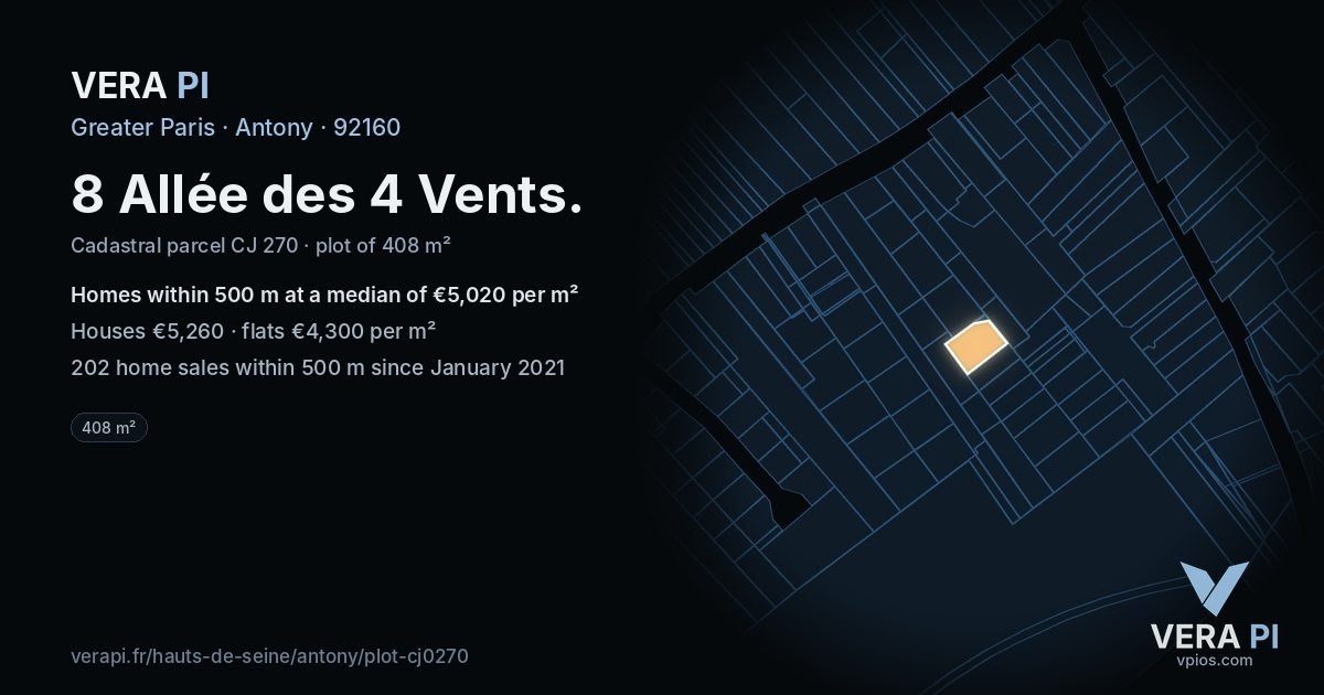 8 Allée des 4 Vents, Antony at night – the plot lit, the parcels around coloured by the prices near them