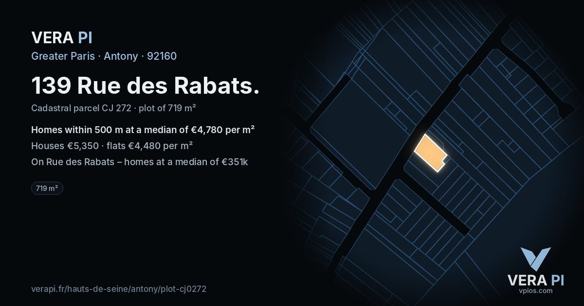 139 Rue des Rabats, Antony at night – the plot lit, the parcels around coloured by the prices near them