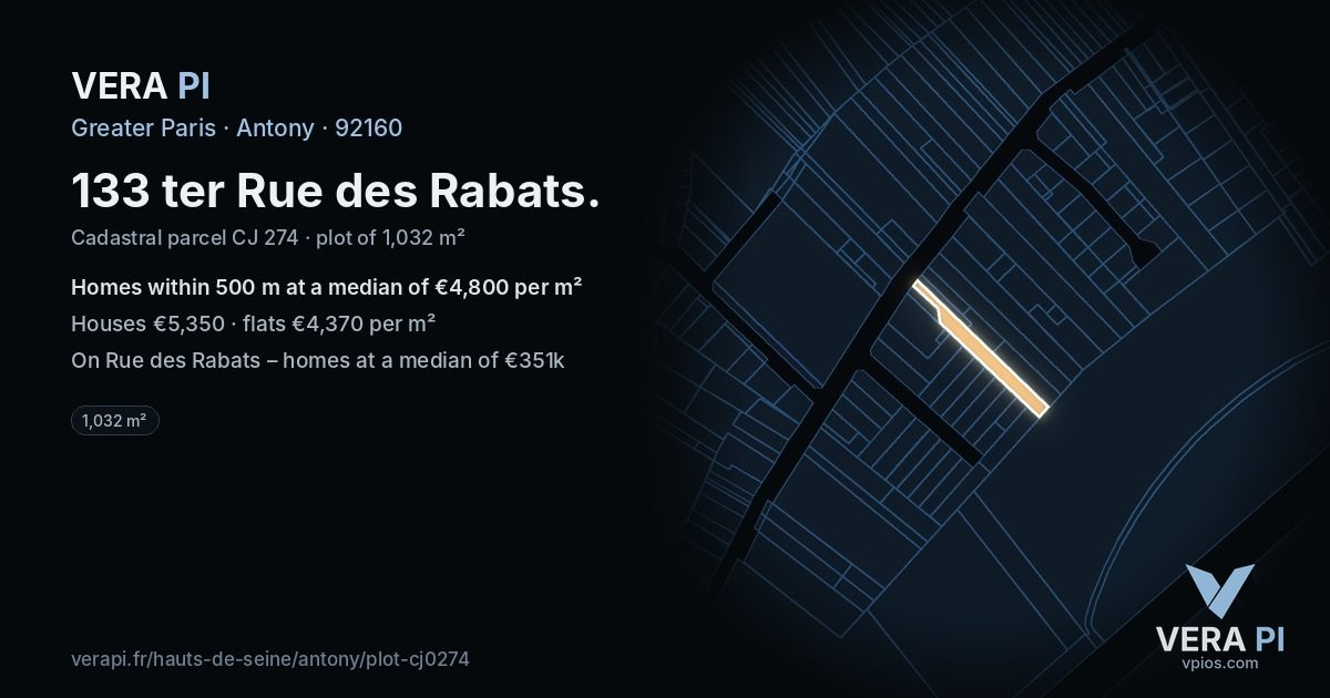 133 ter Rue des Rabats, Antony at night – the plot lit, the parcels around coloured by the prices near them
