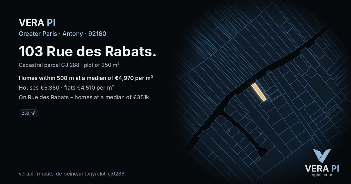 103 Rue des Rabats, Antony at night – the plot lit, the parcels around coloured by the prices near them