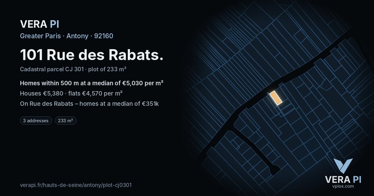 101 Rue des Rabats, Antony at night – the plot lit, the parcels around coloured by the prices near them