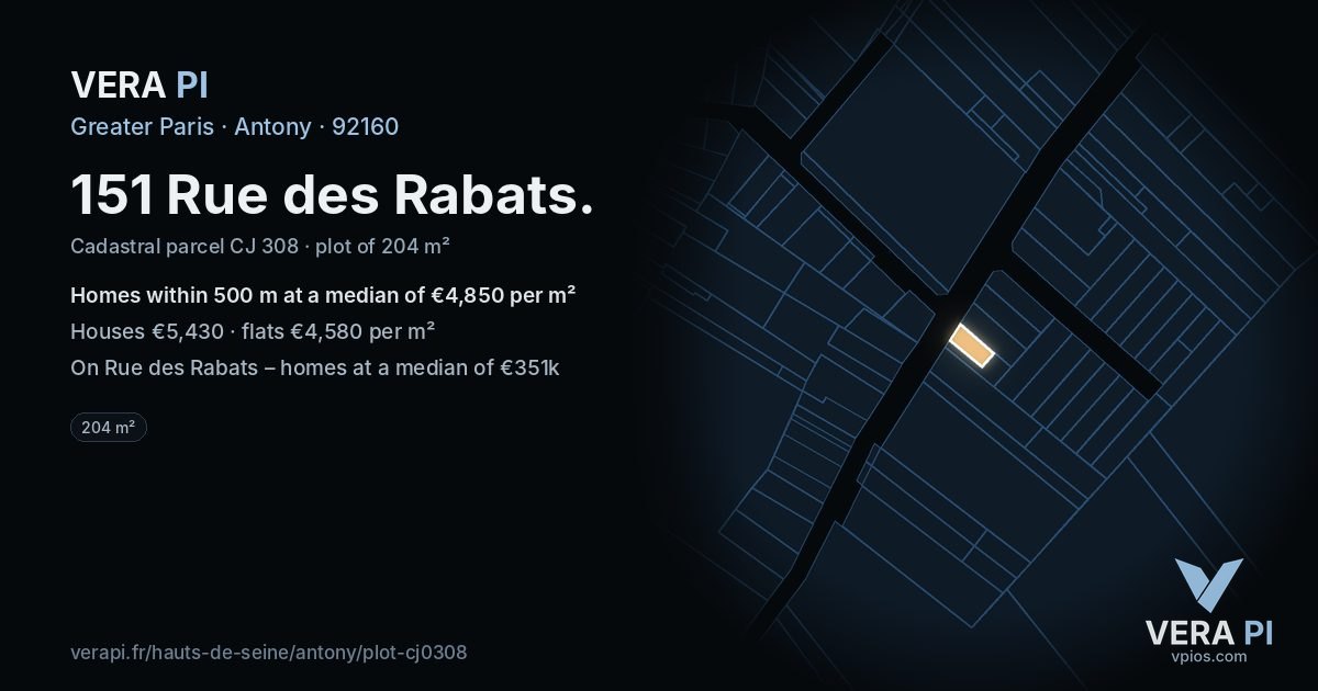 151 Rue des Rabats, Antony at night – the plot lit, the parcels around coloured by the prices near them