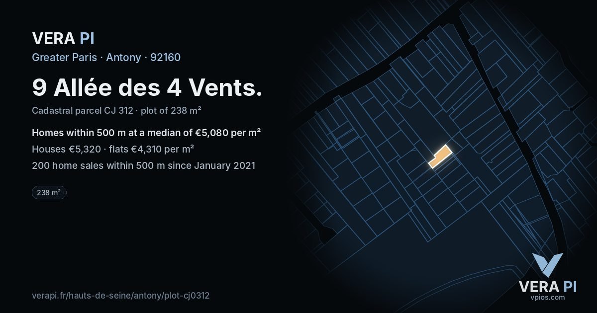 9 Allée des 4 Vents, Antony at night – the plot lit, the parcels around coloured by the prices near them