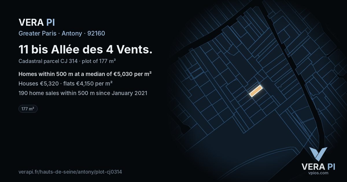 11 bis Allée des 4 Vents, Antony at night – the plot lit, the parcels around coloured by the prices near them